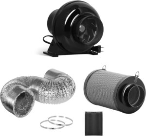 Carbon filter fan combo with inline duct fan and pre-filter for odor control and air purification in grow rooms and ventilation systems.