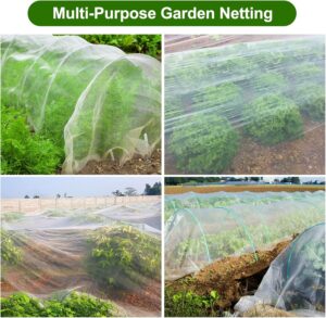 Protective garden netting covering vegetable plants to prevent pests and birds