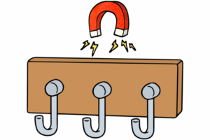 Magnetic steel hooks attached to a hydroponic grow tent frame, holding LED grow lights and hanging planters in a compact indoor cannabis cultivation setup