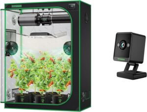 Complete grow tent kit setup with LED grow lights, ventilation system, and hydroponic accessories
