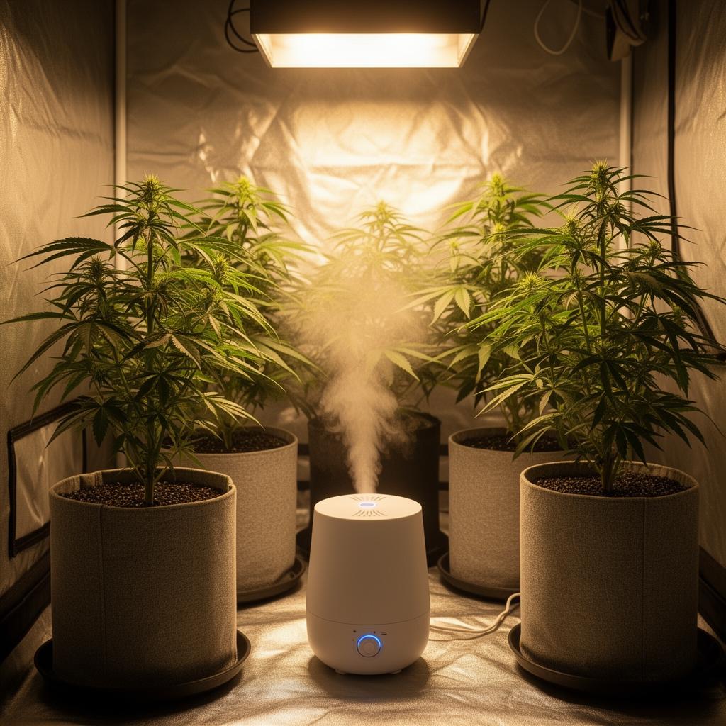 Small ultrasonic humidifier releasing mist between young cannabis plants inside a grow tent