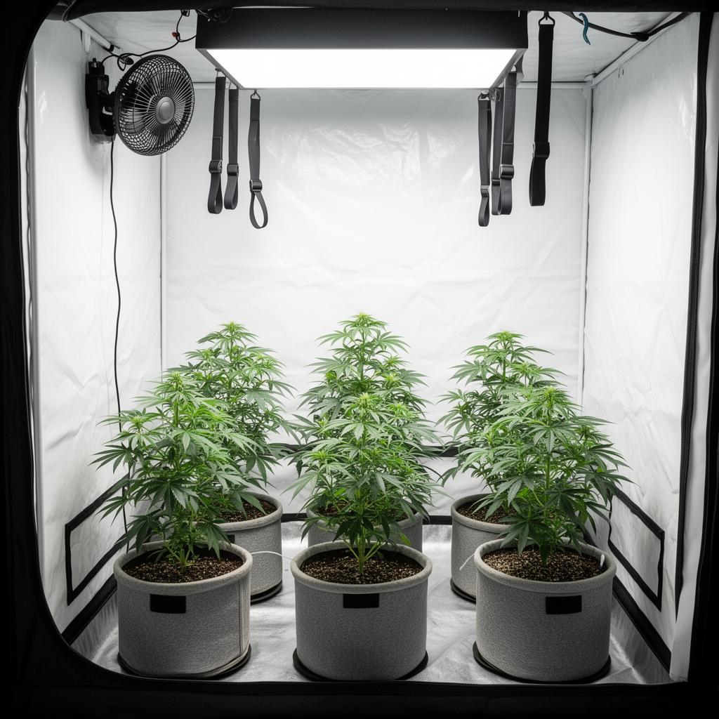 Open 4x4 home grow tent with young cannabis plants in fabric pots and a clip-on circulation fan