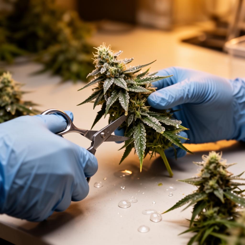 Gloved hands using trimming scissors to manicure a frosty trichome-covered cannabis bud