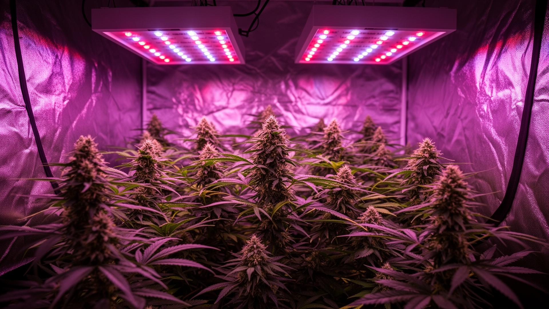 Mature cannabis plants flowering under full-spectrum LED grow lights inside a home grow tent