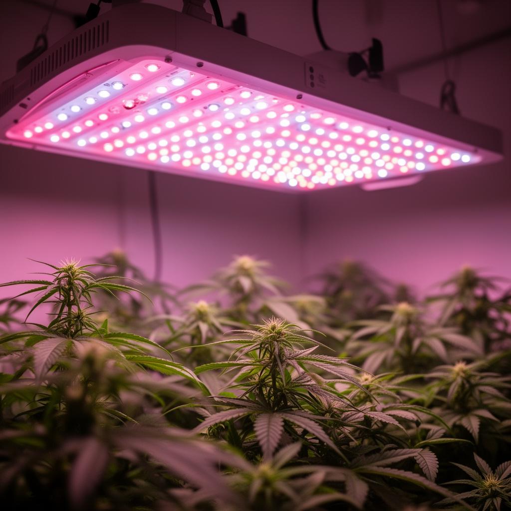 Full-spectrum LED quantum-board grow light glowing pink-white above a cannabis canopy
