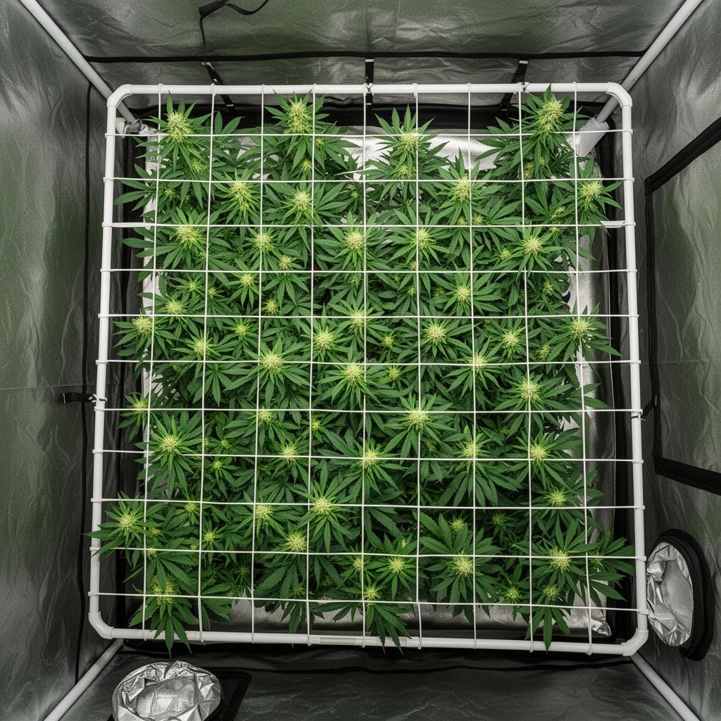 Top-down view of an even cannabis canopy tucked through a SCROG net inside a grow tent