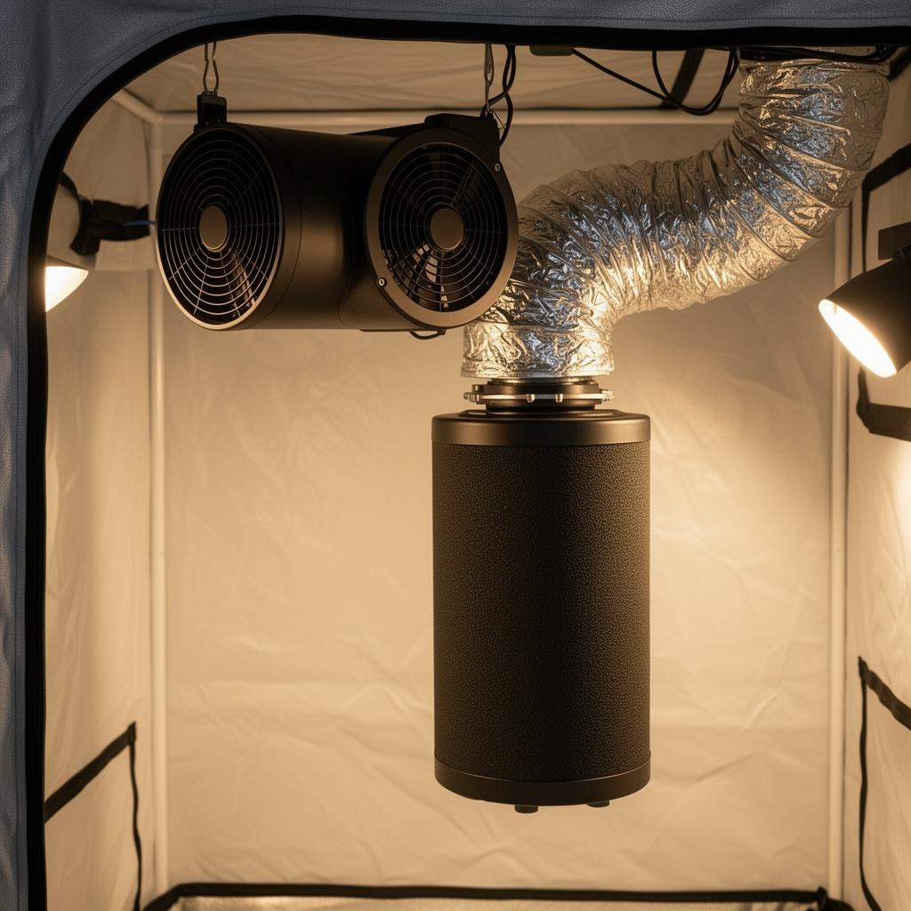 Inline fan connected to a carbon filter with insulated ducting hanging inside a grow tent